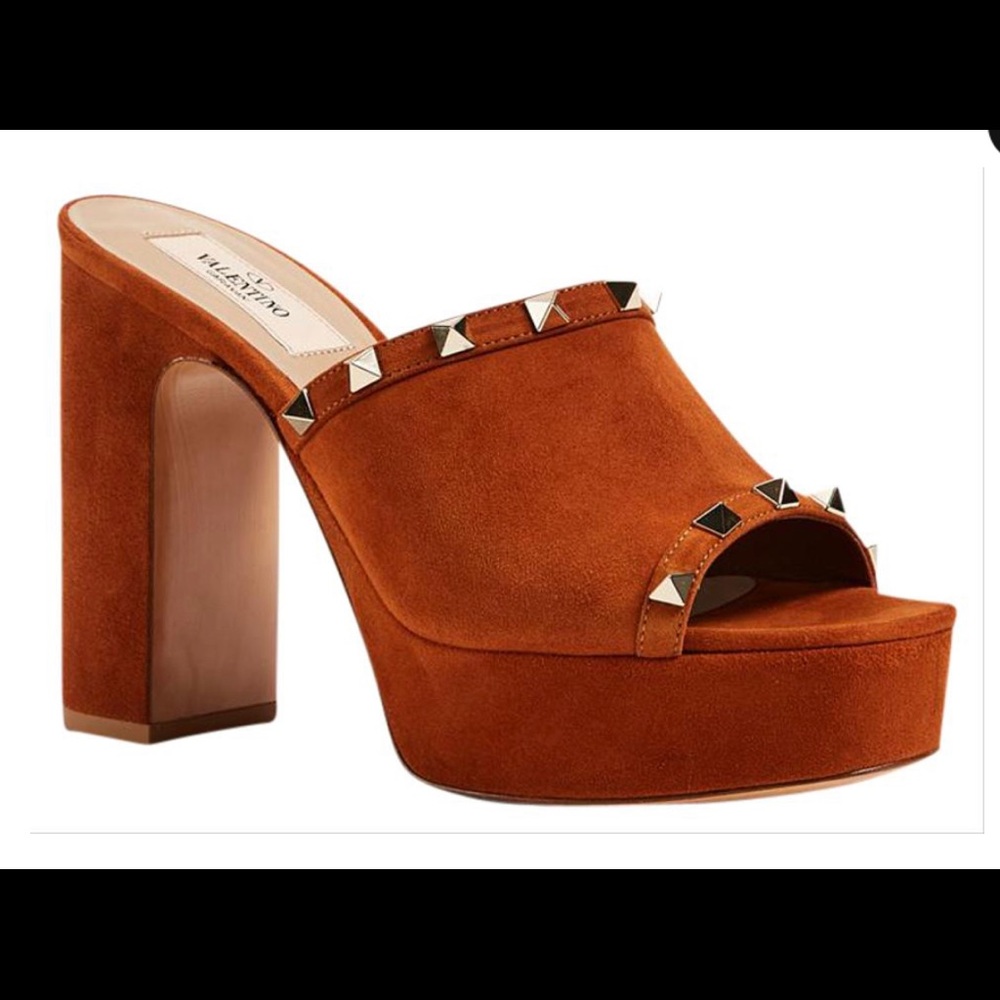 Valentino Brown Rockstud Studded Suede Mule Sandals Heels Platforms - Picture 4 of 9
